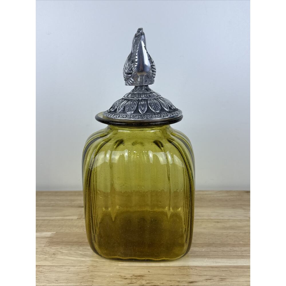 Vintage Amber Golden Yellow Glass Ribbed Canister With Pewter Rooster Top 12” - Picture 3 of 8